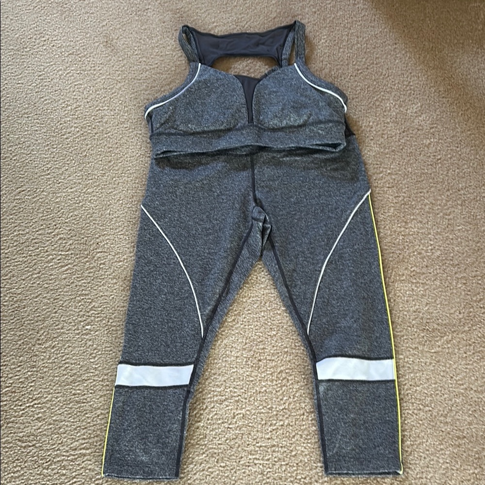 Zella grey activewear top with grey/white capri leggings.